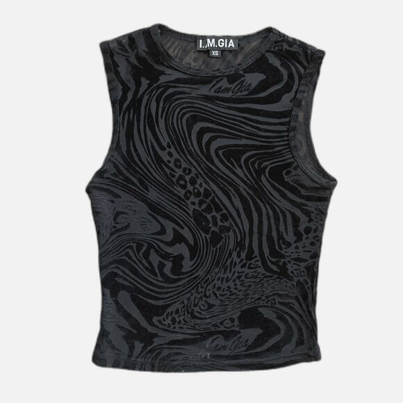 I.AM.GIA. Black Sheer Zip Zag Pattern Club Rave Tank Top Shirt Women's Size XS - Picture 3 of 8